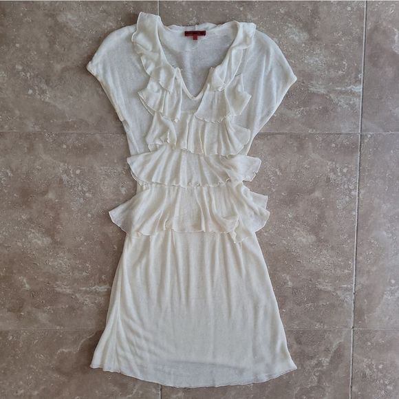 Vivienne Tam Dresses & Skirts - [SOLD]Vivienne Tam Cream Sheer Short-Sleeved Ruffle Tiered Knit Dress - Small